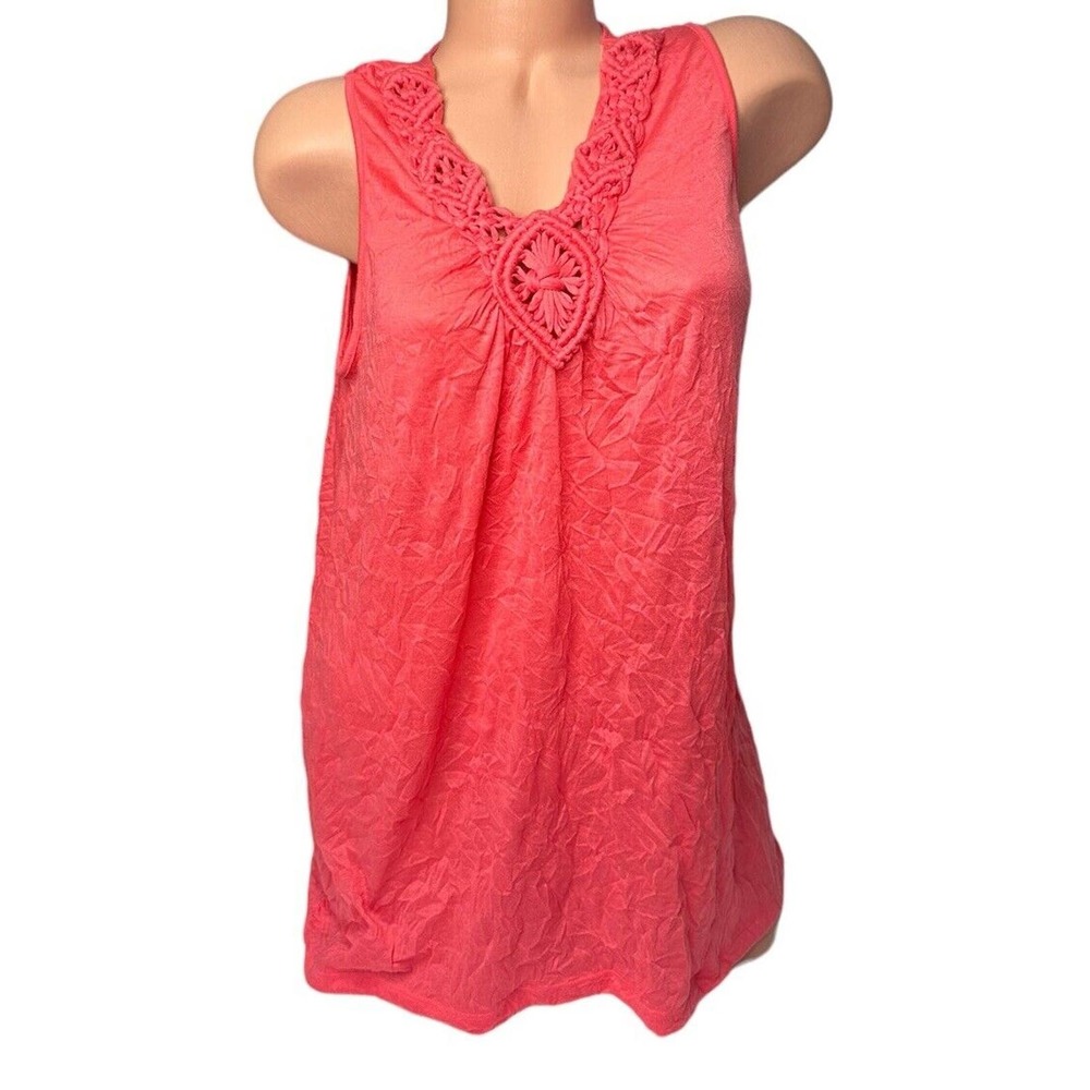 NEW White Stag Womens Coarl Crochet Macrame Sleeveless Shirt Top Crinkle Size M